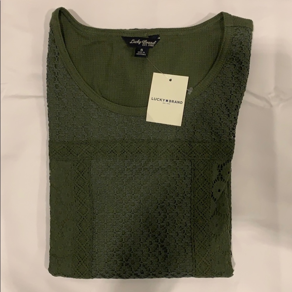 Lucky Brand Long Sleeve Olive Green Crochet Top